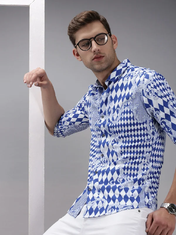 Men's Wrinkle - Resistant Polyester Blend Casual Shirts for Easy Travel and MaintenanceMen Blue Printed Casual Shirt Men's Wrinkle - Resistant Polyester Blend Casual Shirts for Easy Travel and MaintenanceMen Blue Printed Casual Shirt