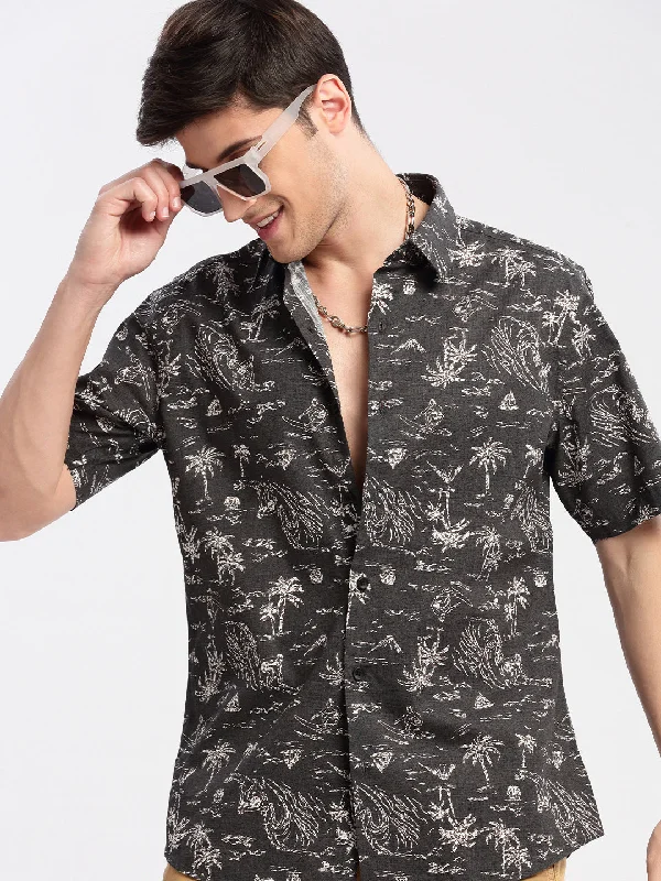Men's Button - Down Oxford Casual Shirts in Crisp White for a Classic and Versatile StyleMen Spread Collar Floral Grey Casual Shirt Men's Button - Down Oxford Casual Shirts in Crisp White for a Classic and Versatile StyleMen Spread Collar Floral Grey Casual Shirt