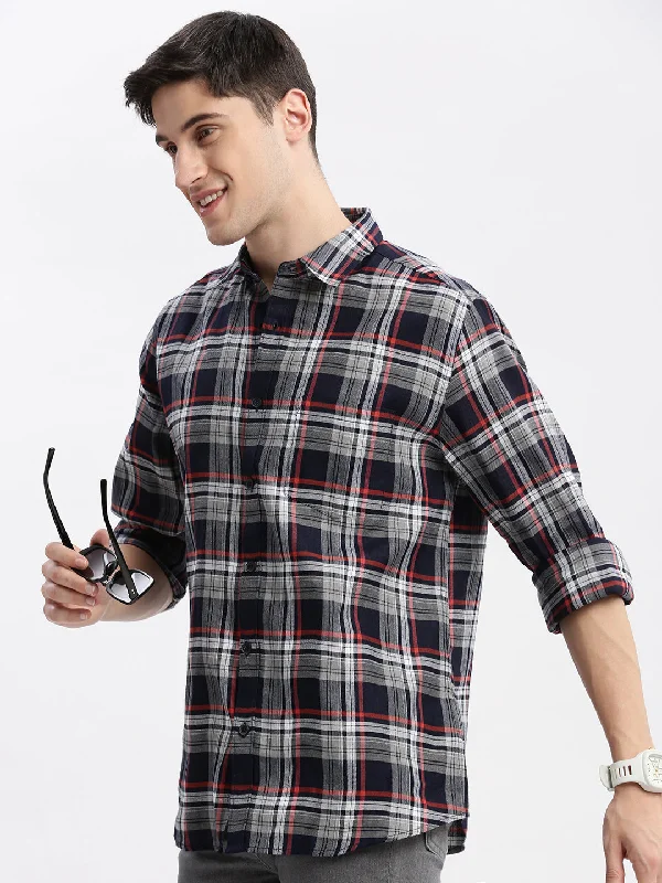 Men's Sustainable Recycled Material Casual Shirts for Eco - Conscious ConsumersMen Spread Collar Tartan Checks Navy Blue Shirt Men's Sustainable Recycled Material Casual Shirts for Eco - Conscious ConsumersMen Spread Collar Tartan Checks Navy Blue Shirt