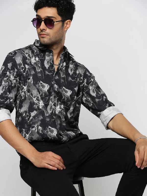 Men's Long - Line Oversized Casual Shirts in Dark Gray for a Relaxed and Modern LookMen Black Spread Collar Abstract Shirt Men's Long - Line Oversized Casual Shirts in Dark Gray for a Relaxed and Modern LookMen Black Spread Collar Abstract Shirt