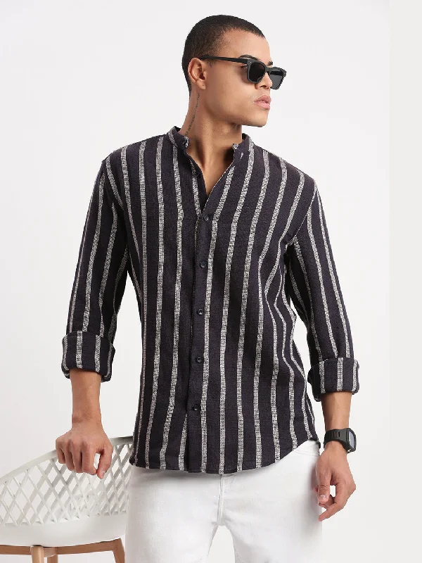 Men's Linen Blend Casual Shirts with Roll - Up Sleeves for a Summer Beach LookMen Mandarin Collar Striped Navy Blue Shirt Men's Linen Blend Casual Shirts with Roll - Up Sleeves for a Summer Beach LookMen Mandarin Collar Striped Navy Blue Shirt