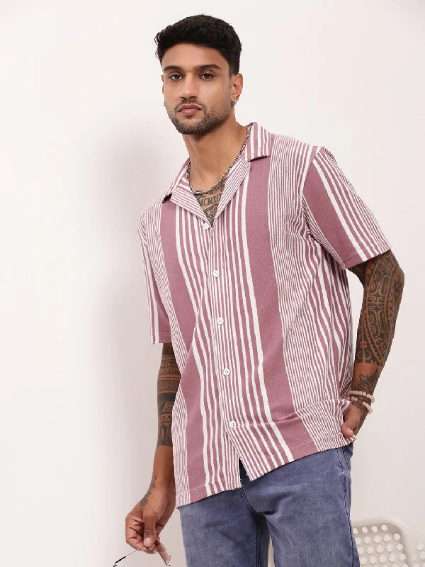 Men's Shearling - Lined Collar Casual Shirts in Brown for a Rustic and Warm AppealMen Purple Striped Cuban Collar Shirt
