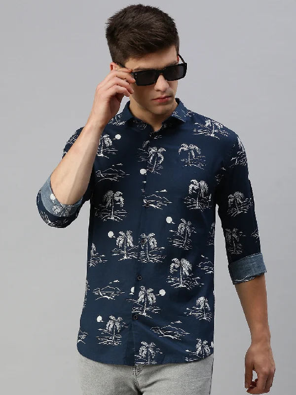 Men's Slim - Fit Printed Floral Casual Shirts in Pastel Colors for a Spring - Inspired VibeMen Navy Printed Casual Shirt Men's Slim - Fit Printed Floral Casual Shirts in Pastel Colors for a Spring - Inspired VibeMen Navy Printed Casual Shirt
