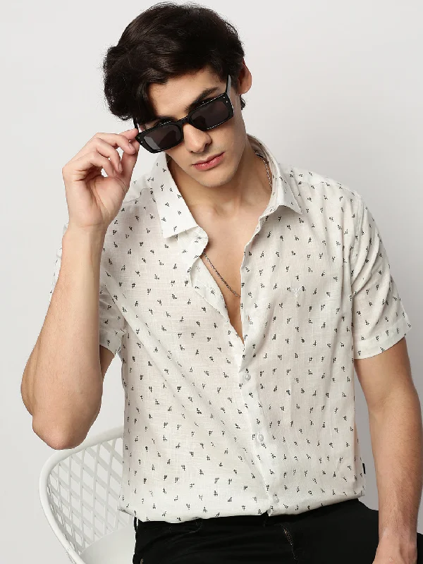 Men's Linen Blend Casual Shirts with Roll - Up Sleeves for a Summer Beach LookMen White Geometrical Casual Casual Shirts Men's Linen Blend Casual Shirts with Roll - Up Sleeves for a Summer Beach LookMen White Geometrical Casual Casual Shirts