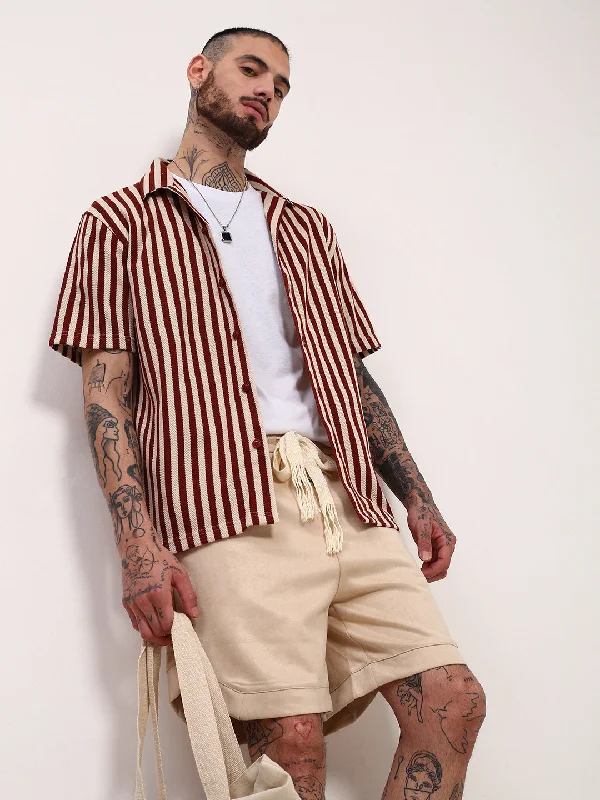 Men's Embroidered Detail Casual Shirts in Beige for a Touch of EleganceMen Rust Striped Cuban Collar Shirt Men's Embroidered Detail Casual Shirts in Beige for a Touch of EleganceMen Rust Striped Cuban Collar Shirt
