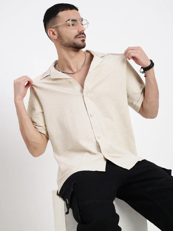 Men's Embroidered Detail Casual Shirts in Beige for a Touch of EleganceMen Cream Cuban Collar Solid Shirt Men's Embroidered Detail Casual Shirts in Beige for a Touch of EleganceMen Cream Cuban Collar Solid Shirt