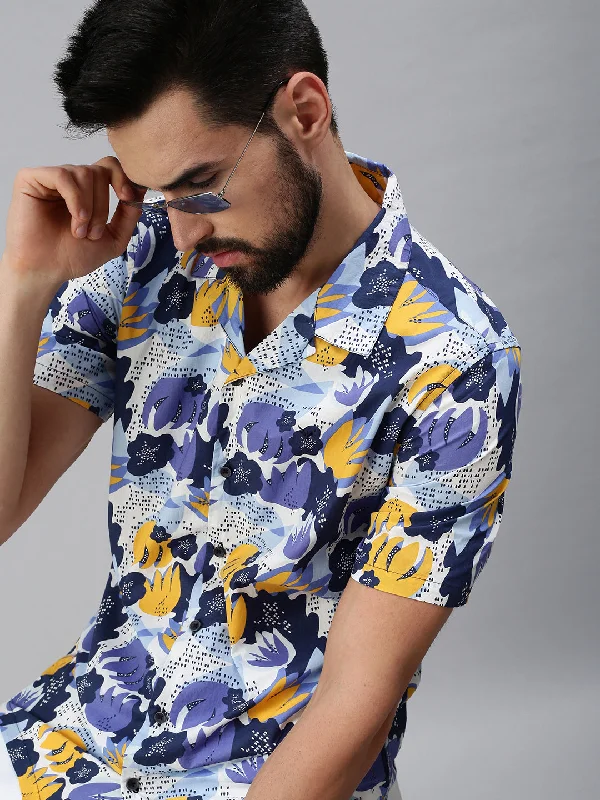 Plus Size Men's Striped Chambray Casual Shirts with a Spread Collar for a Preppy AppearanceMen Cuban Collar Floral Blue Shirt Plus Size Men's Striped Chambray Casual Shirts with a Spread Collar for a Preppy AppearanceMen Cuban Collar Floral Blue Shirt
