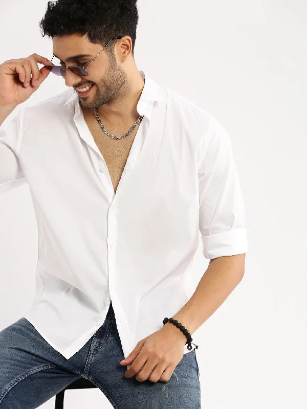 Men's Wrinkle - Resistant Polyester Blend Casual Shirts for Easy Travel and MaintenanceMen White Spread Collar Solid Shirt Men's Wrinkle - Resistant Polyester Blend Casual Shirts for Easy Travel and MaintenanceMen White Spread Collar Solid Shirt