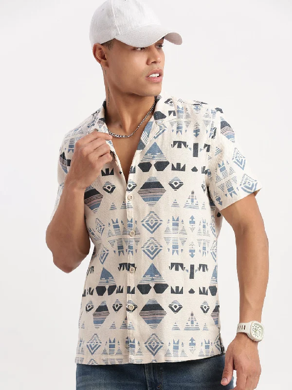 Men's Linen Blend Casual Shirts with Roll - Up Sleeves for a Summer Beach LookMen Cuban Collar Geometric Cream Shirt Men's Linen Blend Casual Shirts with Roll - Up Sleeves for a Summer Beach LookMen Cuban Collar Geometric Cream Shirt