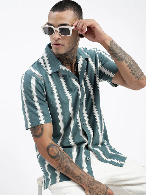 Men's Graphic - Printed Casual Shirts with Pop - Culture References for a Fun and Stylish LookMen Striped Teal Relaxed Fit Shirt Men's Graphic - Printed Casual Shirts with Pop - Culture References for a Fun and Stylish LookMen Striped Teal Relaxed Fit Shirt