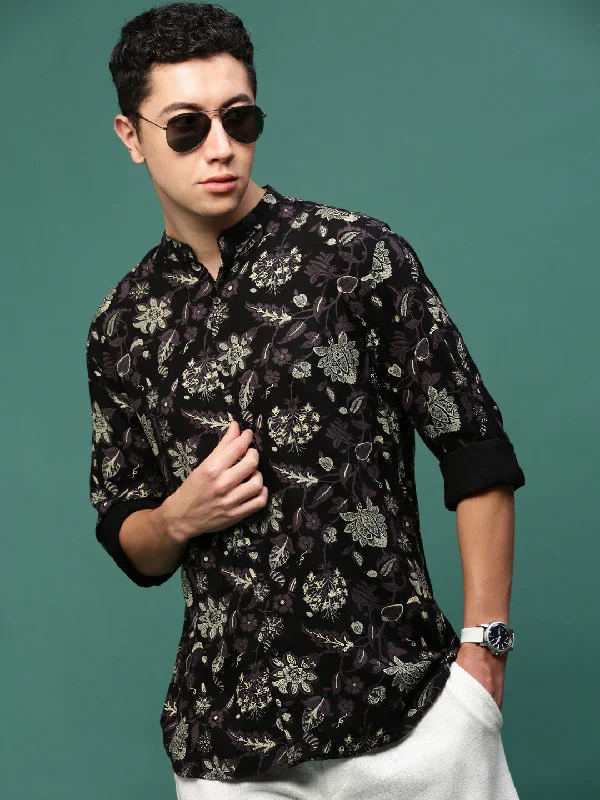 Plus Size Men's Striped Chambray Casual Shirts with a Spread Collar for a Preppy AppearanceMen Black Floral Slim Fit Shirt Plus Size Men's Striped Chambray Casual Shirts with a Spread Collar for a Preppy AppearanceMen Black Floral Slim Fit Shirt