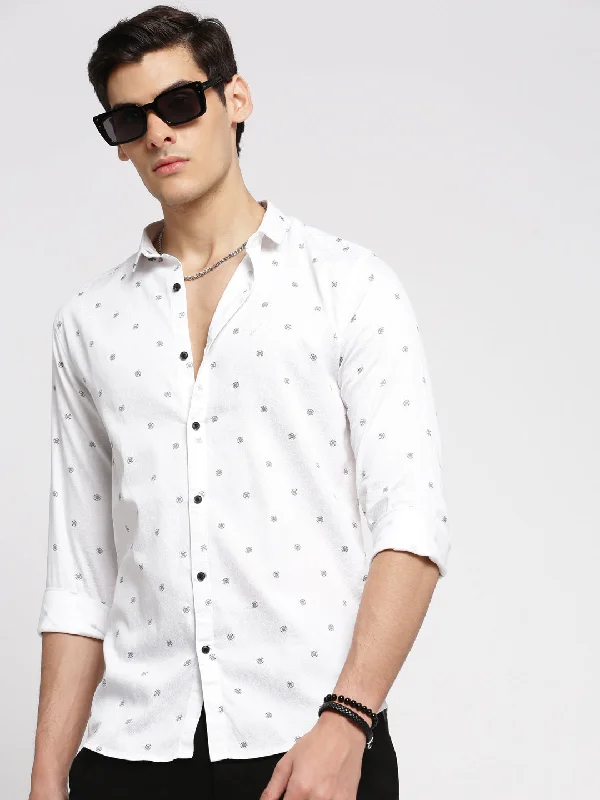 Men's Linen Blend Casual Shirts with Roll - Up Sleeves for a Summer Beach LookMen White Spread Collar Floral Shirt Men's Linen Blend Casual Shirts with Roll - Up Sleeves for a Summer Beach LookMen White Spread Collar Floral Shirt