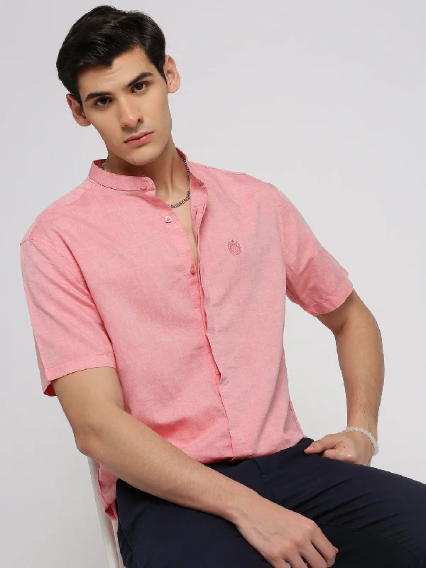 Men's Stretch - Fabric Casual Shirts in Navy Blue for a Comfortable and Flexible FitMen Peach Mandarin Collar Solid Shirt Men's Stretch - Fabric Casual Shirts in Navy Blue for a Comfortable and Flexible FitMen Peach Mandarin Collar Solid Shirt