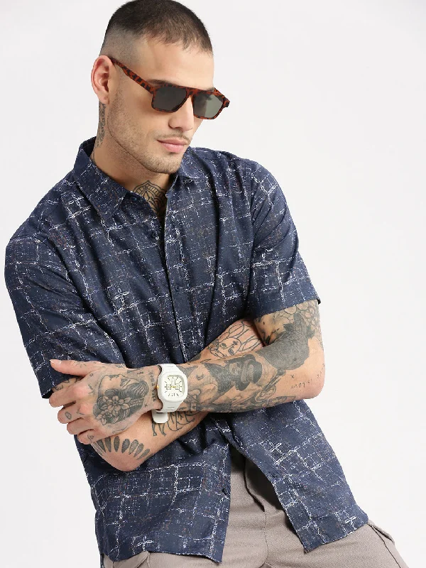 Men's Organic Cotton Casual Shirts with a Soft Handfeel for Everyday ComfortMen Spread Collar Abstract Navy Blue Casual Shirt Men's Organic Cotton Casual Shirts with a Soft Handfeel for Everyday ComfortMen Spread Collar Abstract Navy Blue Casual Shirt