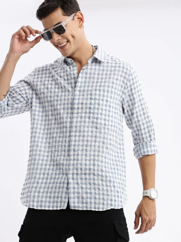 Men's Sustainable Recycled Material Casual Shirts for Eco - Conscious ConsumersMen Spread Collar Checked Slim Fit Grey Shirt Men's Sustainable Recycled Material Casual Shirts for Eco - Conscious ConsumersMen Spread Collar Checked Slim Fit Grey Shirt