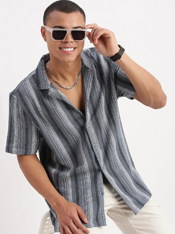 Plus Size Men's Striped Chambray Casual Shirts with a Spread Collar for a Preppy AppearanceMen Cuban Collar Vertical Stripes Grey Shirt Plus Size Men's Striped Chambray Casual Shirts with a Spread Collar for a Preppy AppearanceMen Cuban Collar Vertical Stripes Grey Shirt