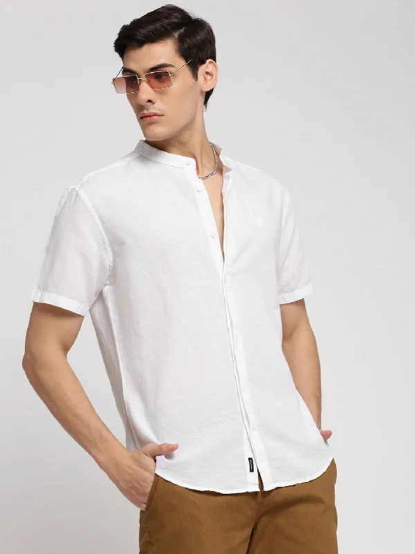 Men's Linen Blend Casual Shirts with Roll - Up Sleeves for a Summer Beach LookMen White Mandarin Collar Solid Shirt Men's Linen Blend Casual Shirts with Roll - Up Sleeves for a Summer Beach LookMen White Mandarin Collar Solid Shirt