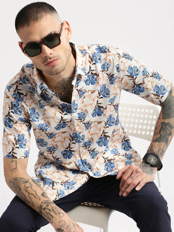 Plus Size Men's Striped Chambray Casual Shirts with a Spread Collar for a Preppy AppearanceMen Spread Collar Floral Peach Casual Shirt Plus Size Men's Striped Chambray Casual Shirts with a Spread Collar for a Preppy AppearanceMen Spread Collar Floral Peach Casual Shirt