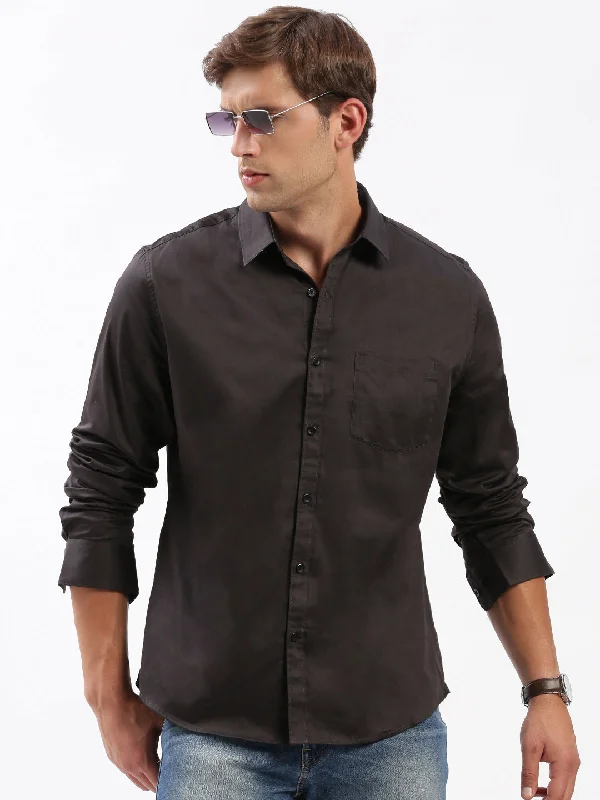 Men's Linen Blend Casual Shirts with Roll - Up Sleeves for a Summer Beach LookMen Spread Collar Solid Black Shirt Men's Linen Blend Casual Shirts with Roll - Up Sleeves for a Summer Beach LookMen Spread Collar Solid Black Shirt