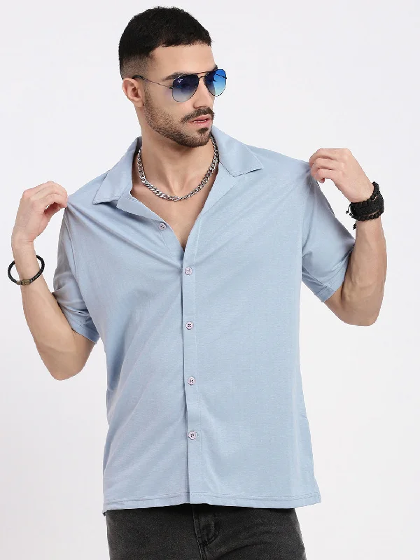 Men's Moisture - Wicking Performance Fabric Casual Shirts for Outdoor ActivitiesMen Blue Cuban Collar Solid Shirt Men's Moisture - Wicking Performance Fabric Casual Shirts for Outdoor ActivitiesMen Blue Cuban Collar Solid Shirt