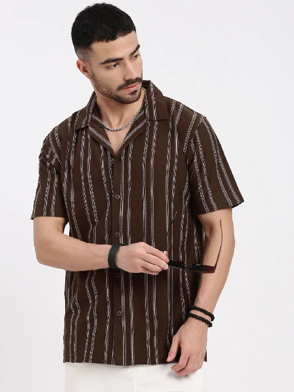 Men's Graphic - Printed Casual Shirts with Pop - Culture References for a Fun and Stylish LookMen Brown Cuban Collar Striped Shirt Men's Graphic - Printed Casual Shirts with Pop - Culture References for a Fun and Stylish LookMen Brown Cuban Collar Striped Shirt