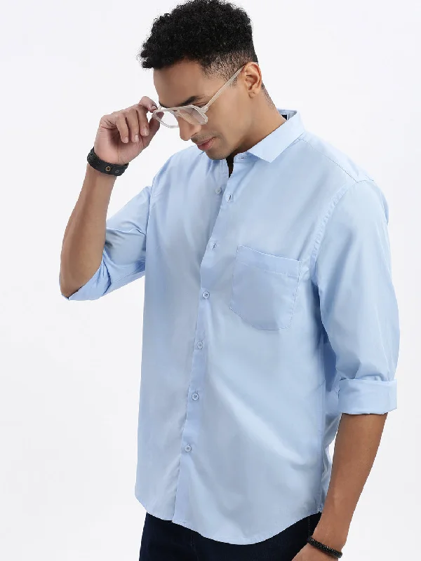 Men's Stretch - Fabric Casual Shirts in Navy Blue for a Comfortable and Flexible FitMen Blue Solid Slim Fit Shirt Men's Stretch - Fabric Casual Shirts in Navy Blue for a Comfortable and Flexible FitMen Blue Solid Slim Fit Shirt