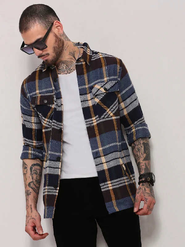 Men's Thermal - Lined Casual Shirts in Black for Added Warmth in Cold WeatherMen Blue Checked Shacket Men's Thermal - Lined Casual Shirts in Black for Added Warmth in Cold WeatherMen Blue Checked Shacket
