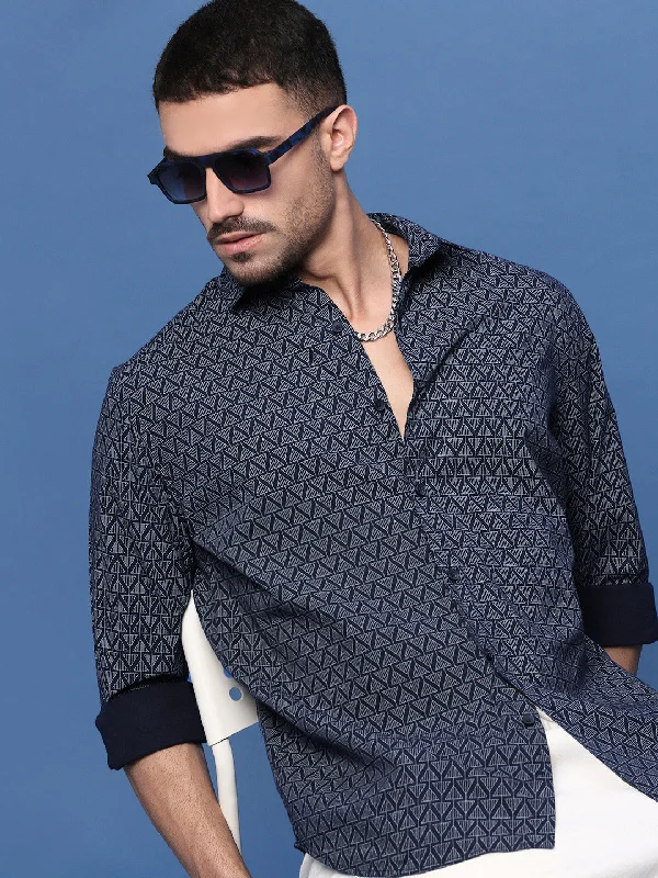 Men's Long - Line Oversized Casual Shirts in Dark Gray for a Relaxed and Modern LookMen Navy Blue Geometric Slim Fit Shirt Men's Long - Line Oversized Casual Shirts in Dark Gray for a Relaxed and Modern LookMen Navy Blue Geometric Slim Fit Shirt