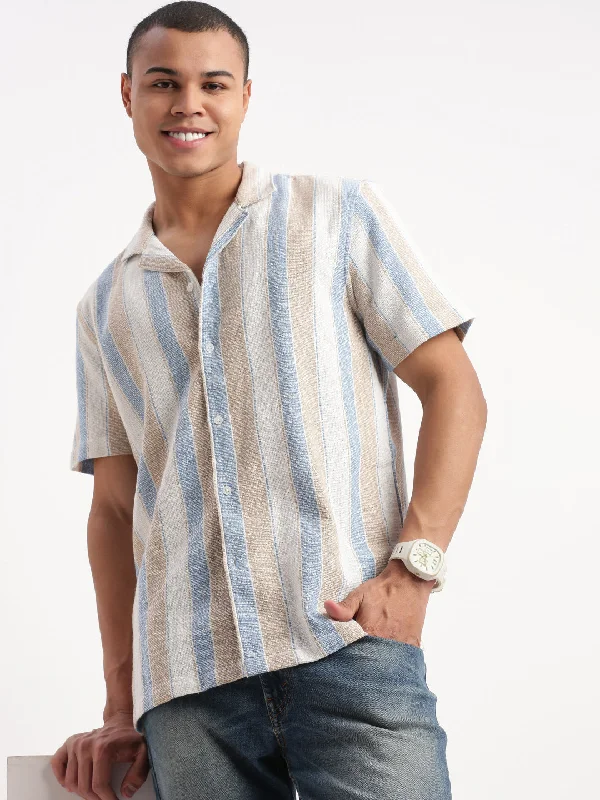 Men's Stretch - Fabric Casual Shirts in Navy Blue for a Comfortable and Flexible FitMen Cuban Collar Vertical Stripes White Shirt Men's Stretch - Fabric Casual Shirts in Navy Blue for a Comfortable and Flexible FitMen Cuban Collar Vertical Stripes White Shirt