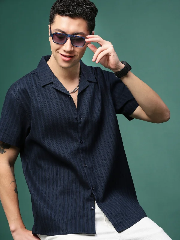 Men's Two - Tone Contrast Panel Casual Shirts in White and Navy for a Stylish and Eye - Catching DesignMen Navy Blue Solid Cuban Collar Shirt Men's Two - Tone Contrast Panel Casual Shirts in White and Navy for a Stylish and Eye - Catching DesignMen Navy Blue Solid Cuban Collar Shirt