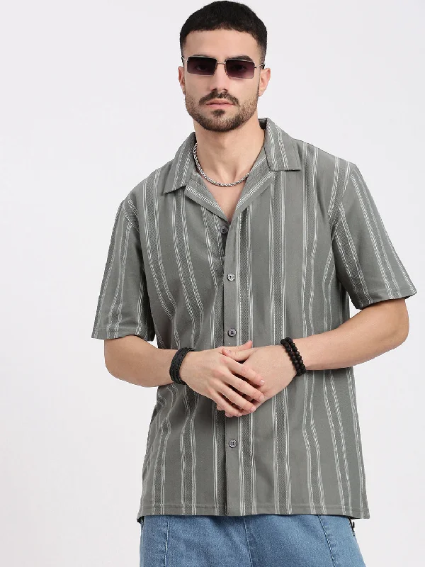 Men's Button - Down Oxford Casual Shirts in Crisp White for a Classic and Versatile StyleMen Grey Cuban Collar Striped Shirt Men's Button - Down Oxford Casual Shirts in Crisp White for a Classic and Versatile StyleMen Grey Cuban Collar Striped Shirt