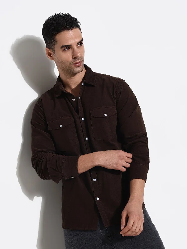 Plus Size Men's Striped Chambray Casual Shirts with a Spread Collar for a Preppy AppearanceMen Brown Solid Slim Fit Shirt Plus Size Men's Striped Chambray Casual Shirts with a Spread Collar for a Preppy AppearanceMen Brown Solid Slim Fit Shirt