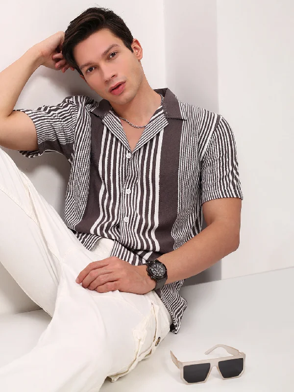 Men's Wrinkle - Resistant Polyester Blend Casual Shirts for Easy Travel and MaintenanceMen Grey Striped Cuban Collar Shirt Men's Wrinkle - Resistant Polyester Blend Casual Shirts for Easy Travel and MaintenanceMen Grey Striped Cuban Collar Shirt