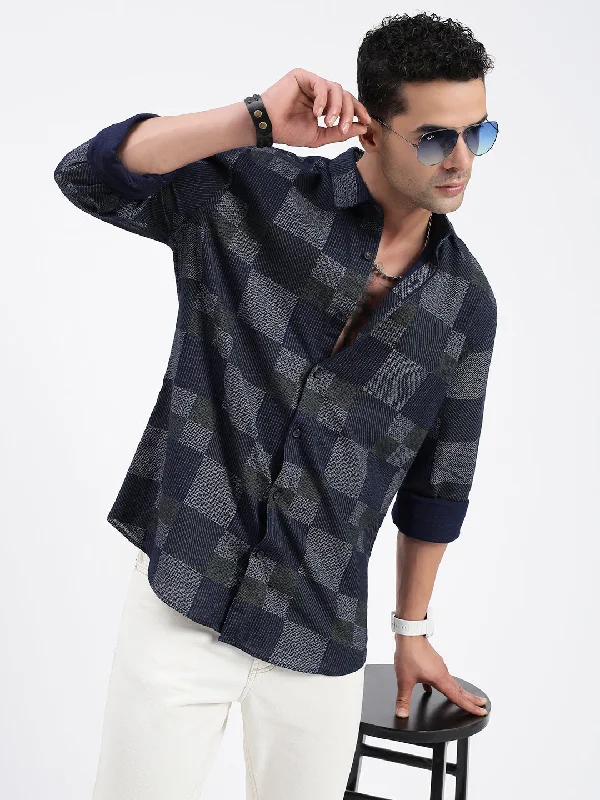 Men's Button - Down Oxford Casual Shirts in Crisp White for a Classic and Versatile StyleMen Geometric Navy Blue Slim Fit Shirt Men's Button - Down Oxford Casual Shirts in Crisp White for a Classic and Versatile StyleMen Geometric Navy Blue Slim Fit Shirt
