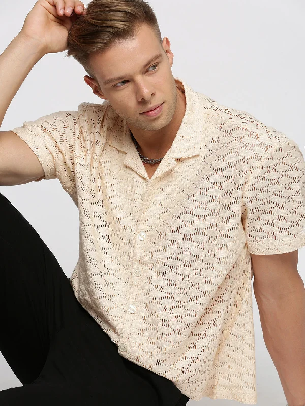 Men's Graphic - Printed Casual Shirts with Pop - Culture References for a Fun and Stylish LookMen Cream Cuban Collar Solid Crochet Shirt Men's Graphic - Printed Casual Shirts with Pop - Culture References for a Fun and Stylish LookMen Cream Cuban Collar Solid Crochet Shirt