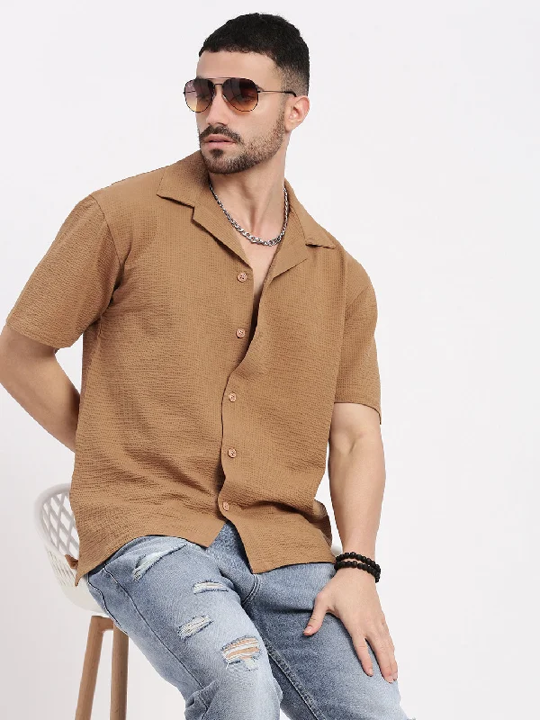 Men's Sustainable Recycled Material Casual Shirts for Eco - Conscious ConsumersMen Brown Cuban Collar Solid Shirt Men's Sustainable Recycled Material Casual Shirts for Eco - Conscious ConsumersMen Brown Cuban Collar Solid Shirt