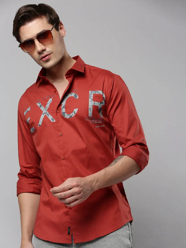 Men's Tailored Fit Checkered Casual Shirts in Multicolor for a Smart - Casual EnsembleMen Rust Printed Casual Shirt