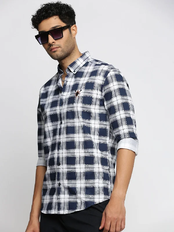 Plus Size Men's Striped Chambray Casual Shirts with a Spread Collar for a Preppy AppearanceMen Navy Blue Spread Collar Tartan Checks Shirt Plus Size Men's Striped Chambray Casual Shirts with a Spread Collar for a Preppy AppearanceMen Navy Blue Spread Collar Tartan Checks Shirt