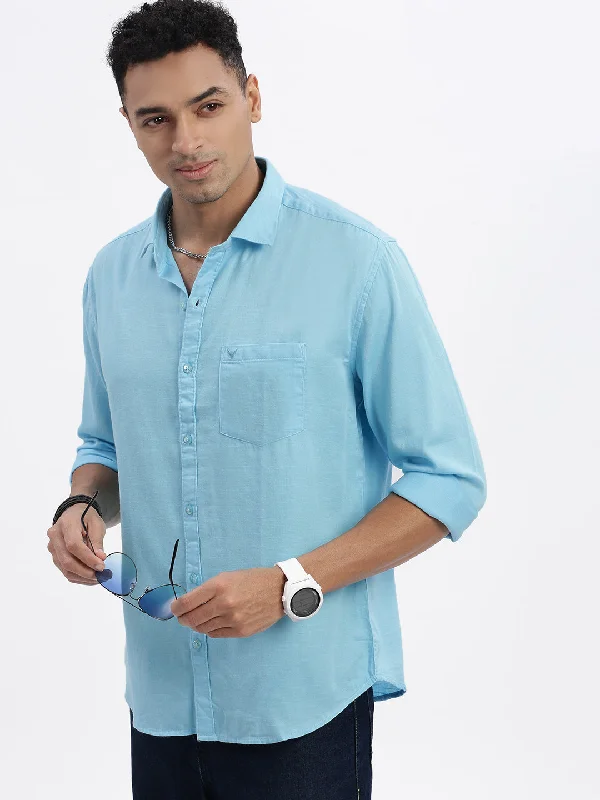 Men's Sustainable Recycled Material Casual Shirts for Eco - Conscious ConsumersMen Blue Solid Slim Fit Shirt Men's Sustainable Recycled Material Casual Shirts for Eco - Conscious ConsumersMen Blue Solid Slim Fit Shirt