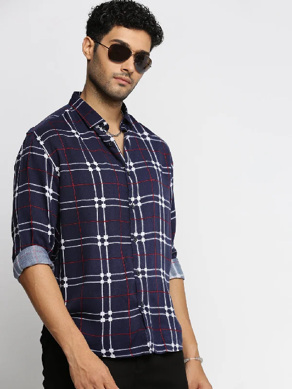 Men's Organic Cotton Casual Shirts with a Soft Handfeel for Everyday ComfortMen Navy Blue Spread Collar Windowpane Checks Shirt