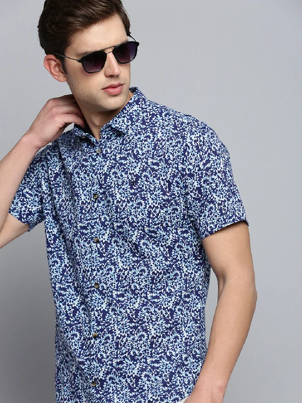 Men's Two - Tone Contrast Panel Casual Shirts in White and Navy for a Stylish and Eye - Catching DesignMen Spread Collar Printed Navy Blue Shirt Men's Two - Tone Contrast Panel Casual Shirts in White and Navy for a Stylish and Eye - Catching DesignMen Spread Collar Printed Navy Blue Shirt