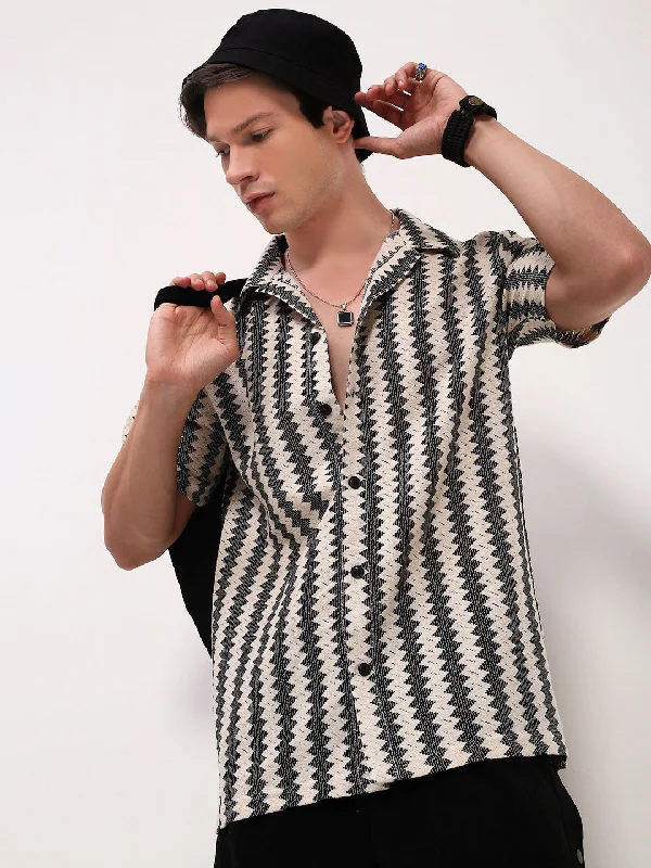 Men's Stretch - Fabric Casual Shirts in Navy Blue for a Comfortable and Flexible FitMen Cream Striped Cuban Collar Shirt Men's Stretch - Fabric Casual Shirts in Navy Blue for a Comfortable and Flexible FitMen Cream Striped Cuban Collar Shirt
