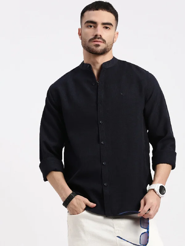 Men's Embroidered Detail Casual Shirts in Beige for a Touch of EleganceMen Navy Blue Solid Slim Fit Shirt Men's Embroidered Detail Casual Shirts in Beige for a Touch of EleganceMen Navy Blue Solid Slim Fit Shirt
