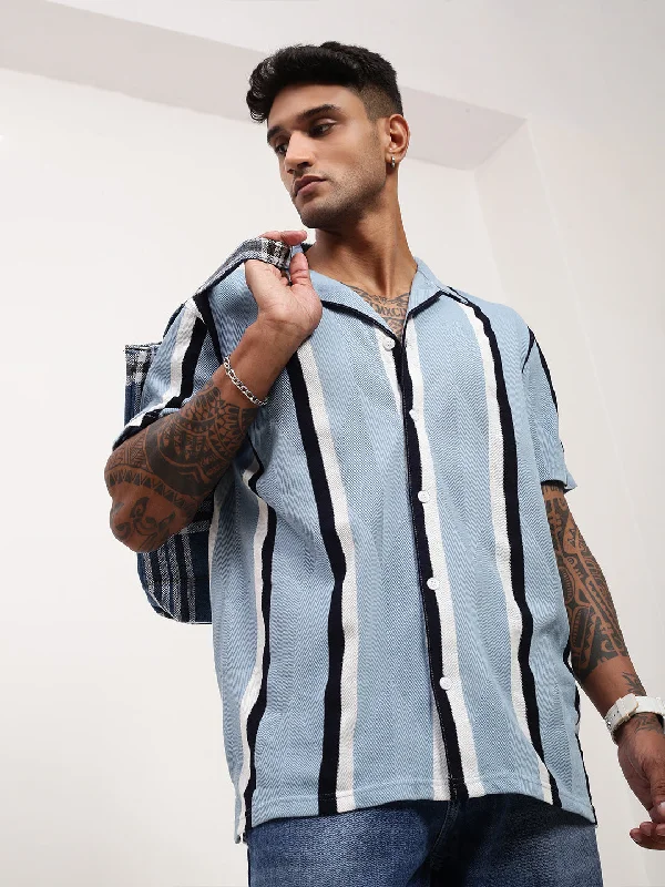 Men's Stretch - Fabric Casual Shirts in Navy Blue for a Comfortable and Flexible FitMen Blue Striped Cuban Collar Shirt Men's Stretch - Fabric Casual Shirts in Navy Blue for a Comfortable and Flexible FitMen Blue Striped Cuban Collar Shirt