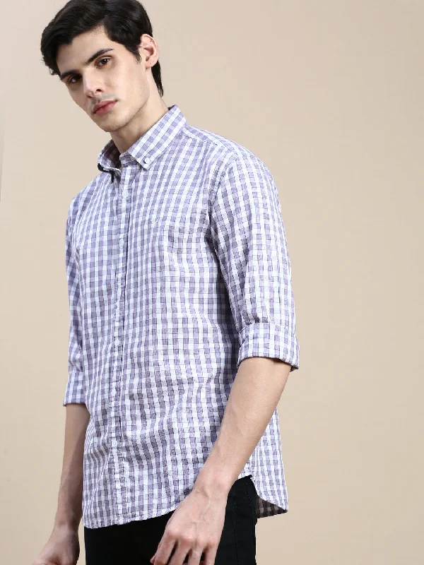 Men's Retro - Style Hawaiian Print Casual Shirts in Bold Patterns for a Tropical VacationMen Purple Checked Casual Shirt Men's Retro - Style Hawaiian Print Casual Shirts in Bold Patterns for a Tropical VacationMen Purple Checked Casual Shirt