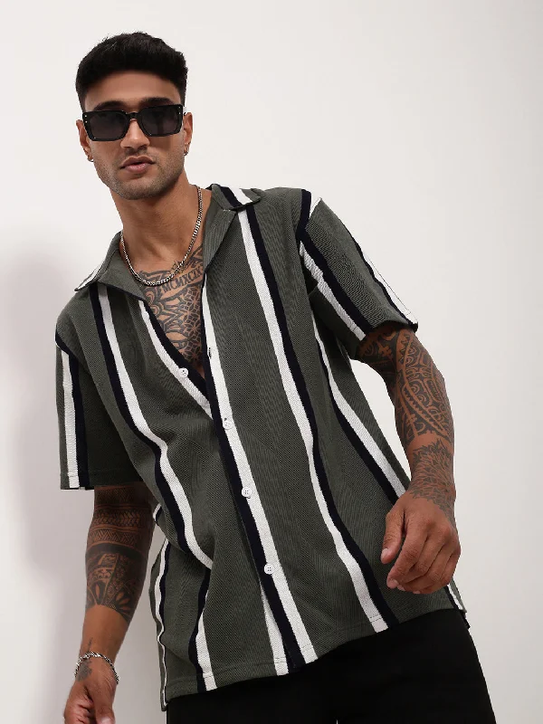 Men's Moisture - Wicking Performance Fabric Casual Shirts for Outdoor ActivitiesMen Green Striped Cuban Collar Shirt Men's Moisture - Wicking Performance Fabric Casual Shirts for Outdoor ActivitiesMen Green Striped Cuban Collar Shirt