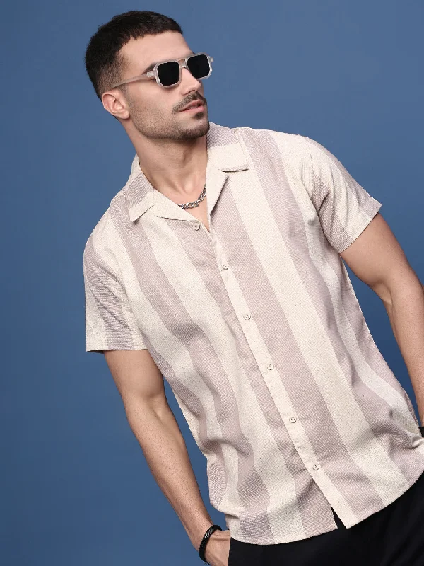 Men's Slim - Fit Printed Floral Casual Shirts in Pastel Colors for a Spring - Inspired VibeMen Lavender Cuban Collar Striped Shirt Men's Slim - Fit Printed Floral Casual Shirts in Pastel Colors for a Spring - Inspired VibeMen Lavender Cuban Collar Striped Shirt