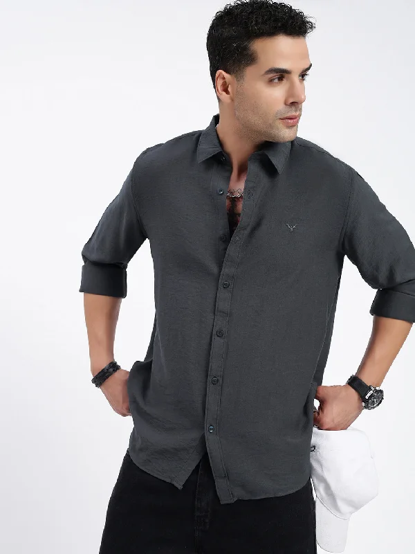 Men's Retro - Style Hawaiian Print Casual Shirts in Bold Patterns for a Tropical VacationMen Solid Grey Slim Fit Shirt Men's Retro - Style Hawaiian Print Casual Shirts in Bold Patterns for a Tropical VacationMen Solid Grey Slim Fit Shirt
