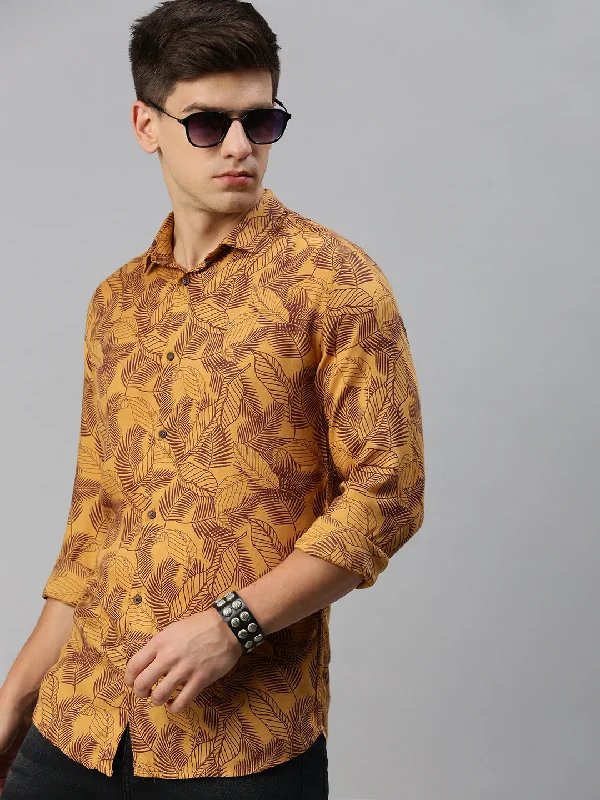 Plus Size Men's Striped Chambray Casual Shirts with a Spread Collar for a Preppy AppearanceMen Yellow Printed Casual Shirt Plus Size Men's Striped Chambray Casual Shirts with a Spread Collar for a Preppy AppearanceMen Yellow Printed Casual Shirt