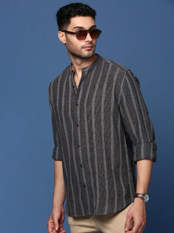 Men's Moisture - Wicking Performance Fabric Casual Shirts for Outdoor ActivitiesMen Mandarin Collar Striped Charcoal Slim Fit Shirt Men's Moisture - Wicking Performance Fabric Casual Shirts for Outdoor ActivitiesMen Mandarin Collar Striped Charcoal Slim Fit Shirt